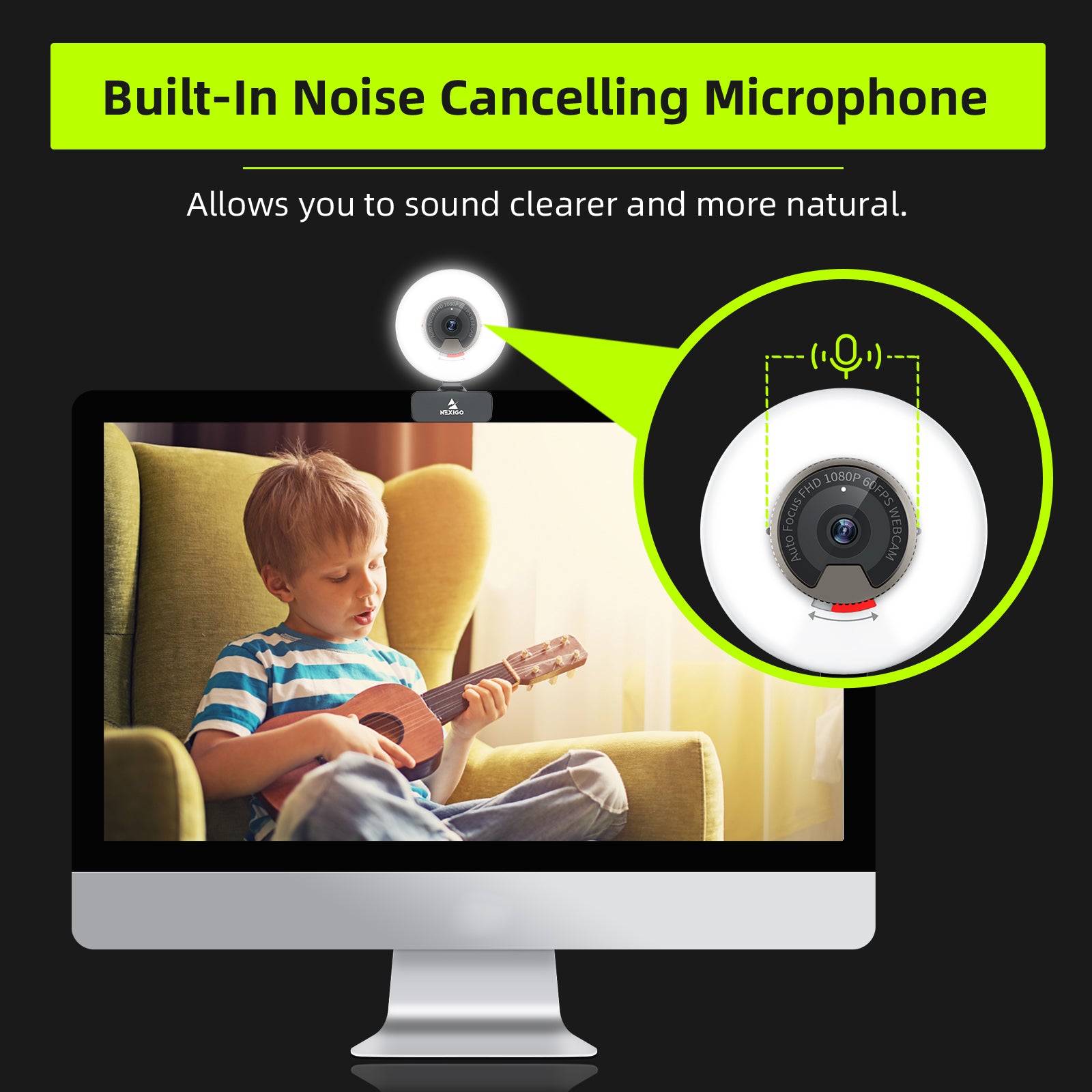 NexiGo N960E 1080p Webcam 60 FPS Adjustable Ring Light Dual Stereo Microphone Black - Image 5