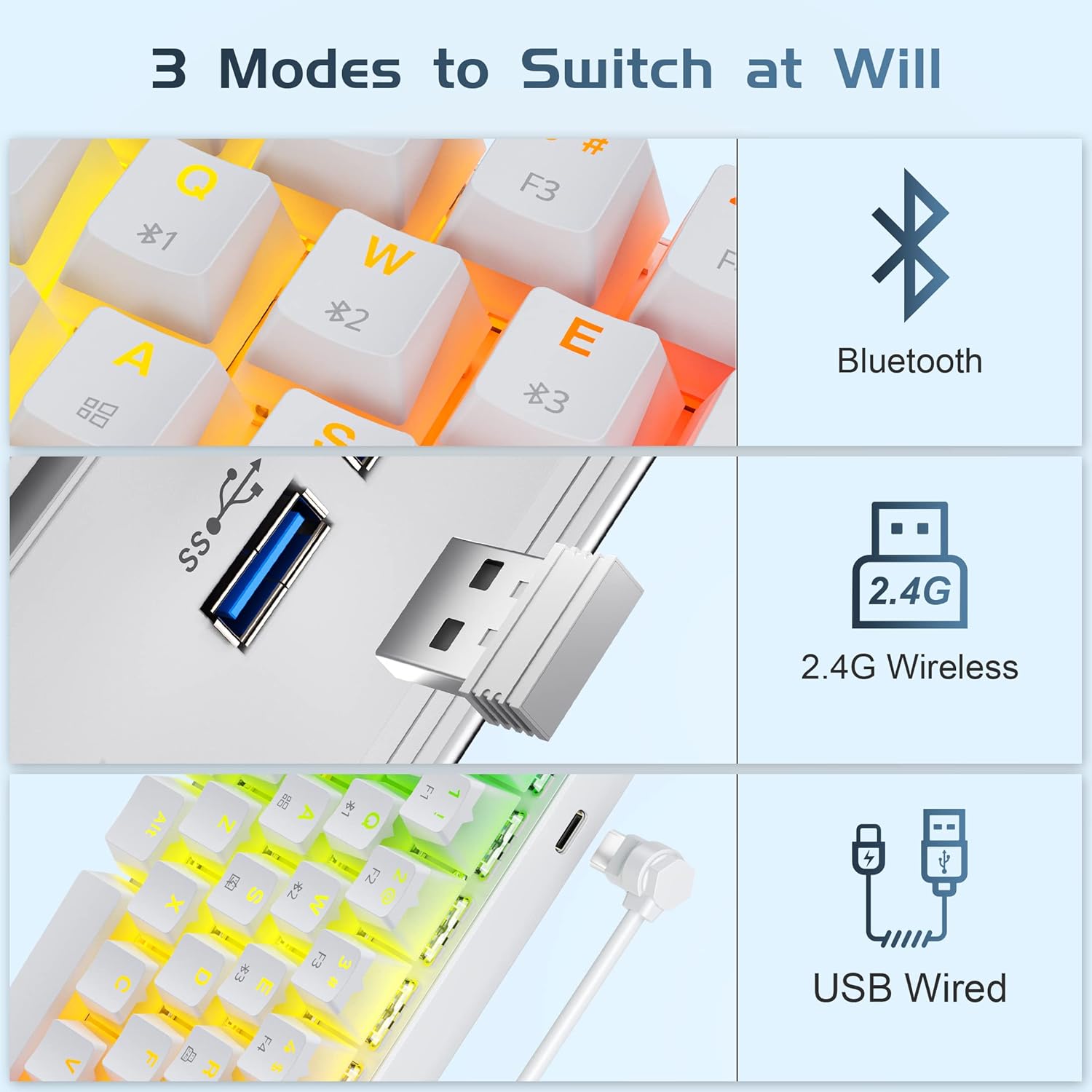 Keyboard White Tezarre TK-63 Pro Full ARGB Wireless Bluetooth Mechanical Gaming Keyboard White Gateron Red Switches - Image 3