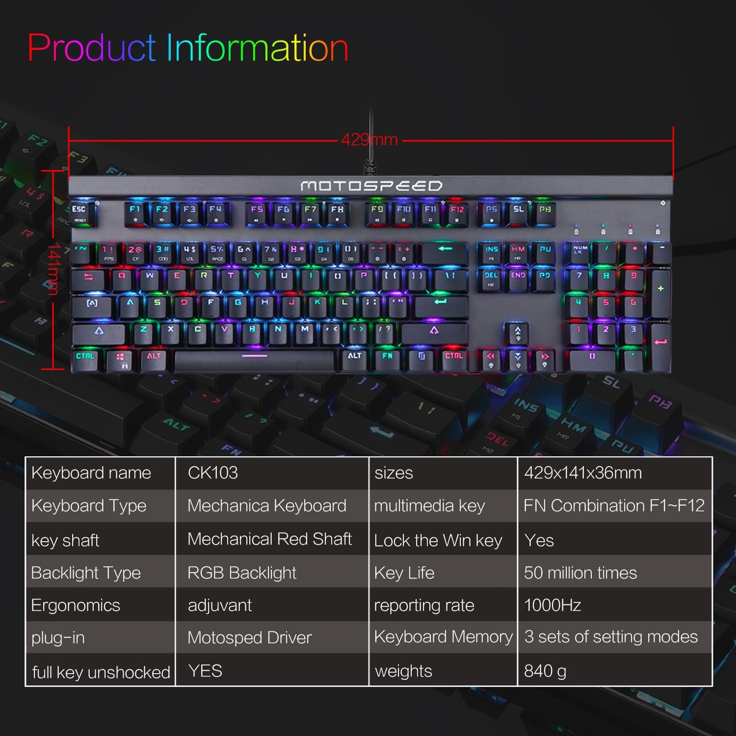 MOTOSPEED CK103 RGB Backlit Mechanical Gaming Keyboard Compact Metal Base Wired Keyboard - Image 2