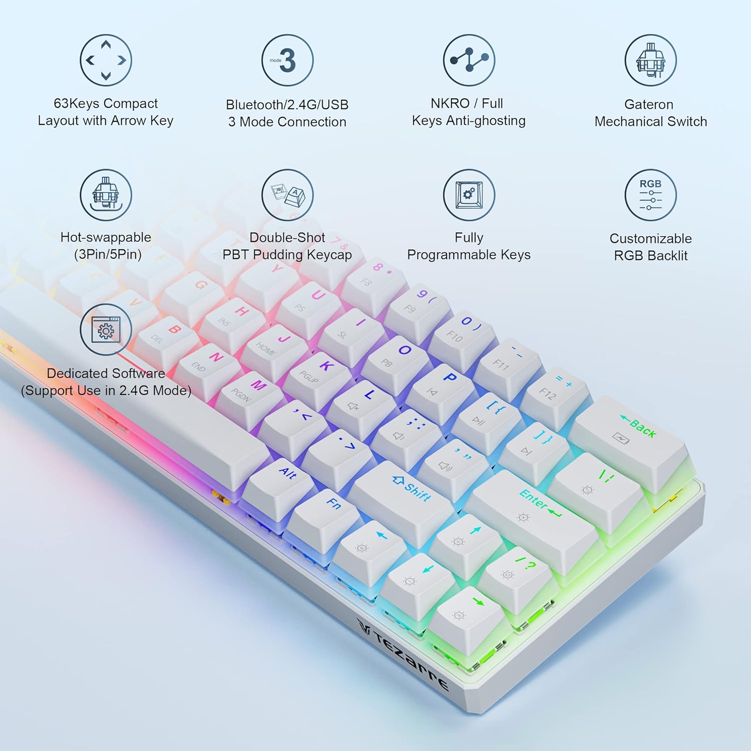 Keyboard White Tezarre TK-63 Pro Full ARGB Wireless Bluetooth Mechanical Gaming Keyboard White Gateron Red Switches - Image 2