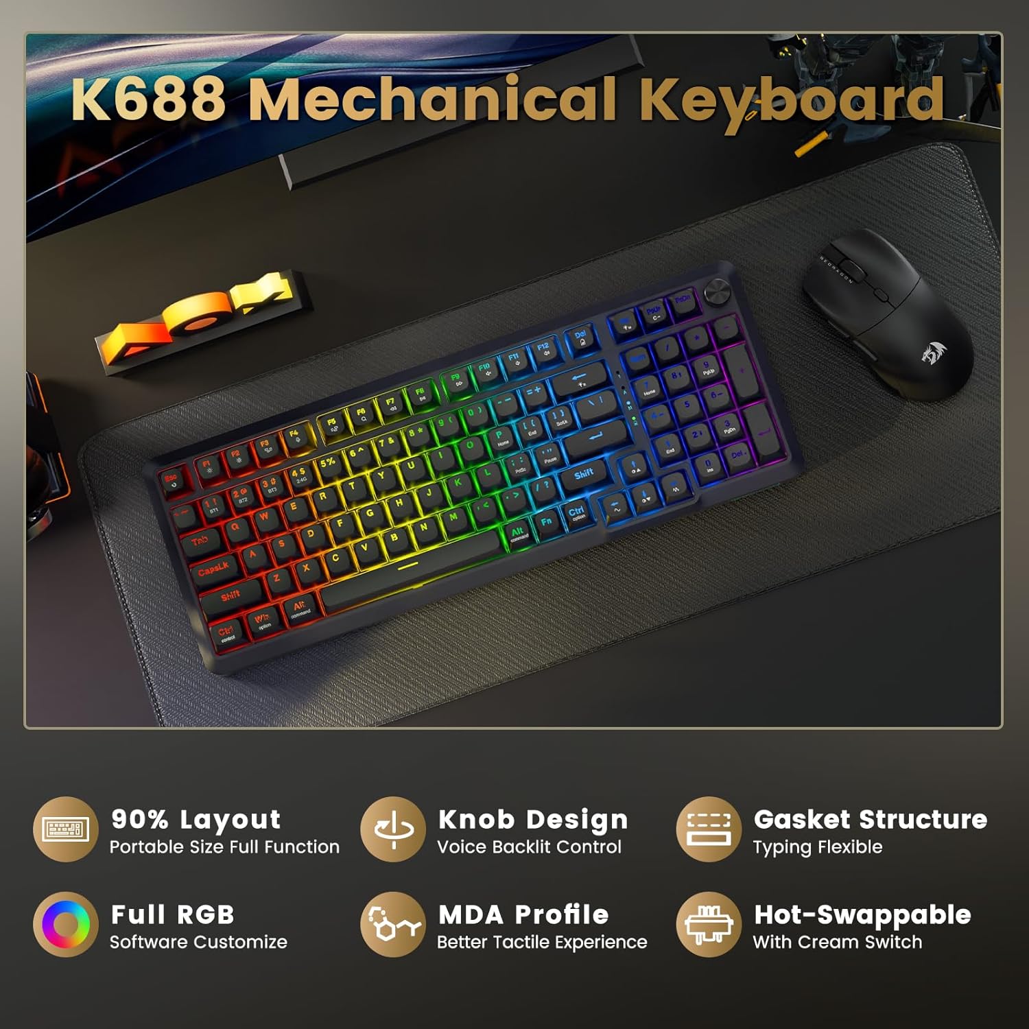 Redragon K688 RGB Mechanical Keyboard 98-Key Gasket Mount Tri-Mode RGB Keyboard for Gamers - Image 2