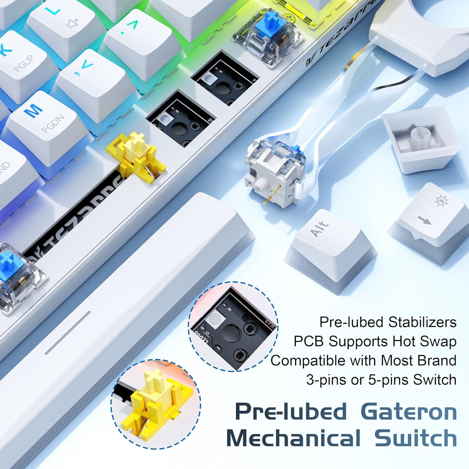 Keyboard White Tezarre TK-63 Pro Full ARGB Wireless Bluetooth Mechanical Gaming Keyboard White Gateron Red Switches - Image 5